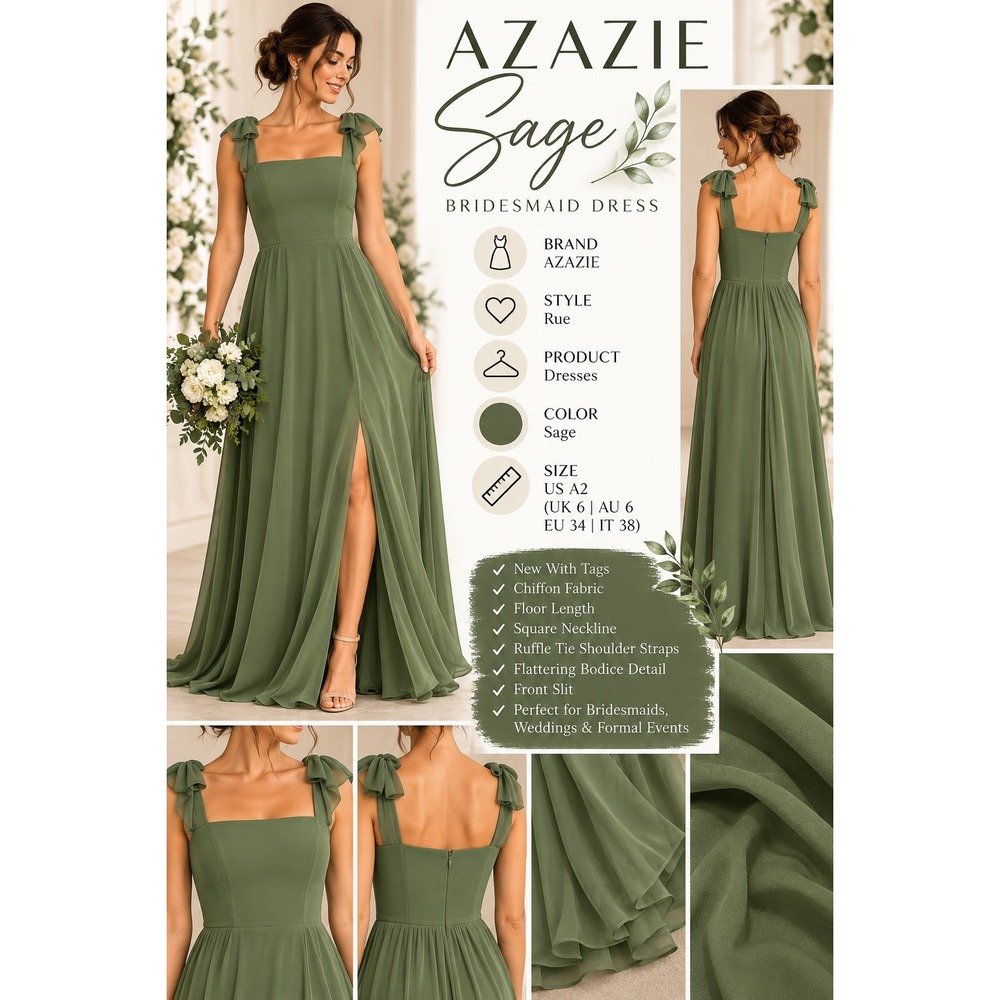 Azazie Rue Sage Green Chiffon Bridesmaid Dress Square Neck Ruffle Tie Strap A2